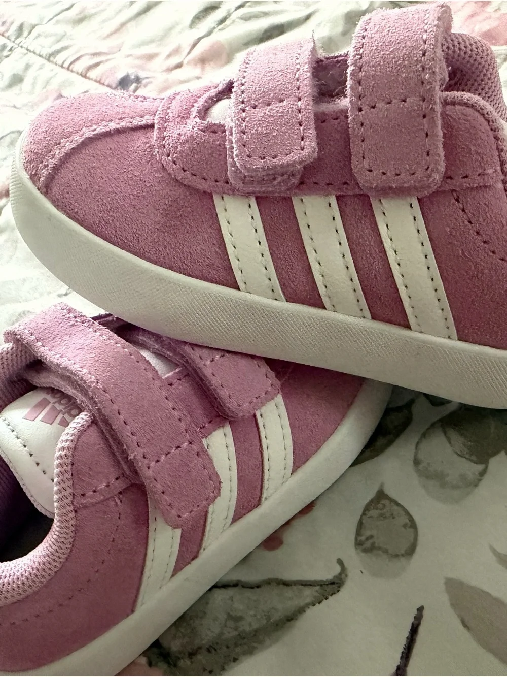 adidas Pink Suede Velcro Kids Sneakers with White Stripes